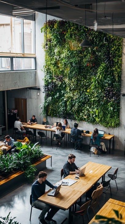 Människor arbetar i ett modernt kontorshotell i Stockholm med växtvägg.